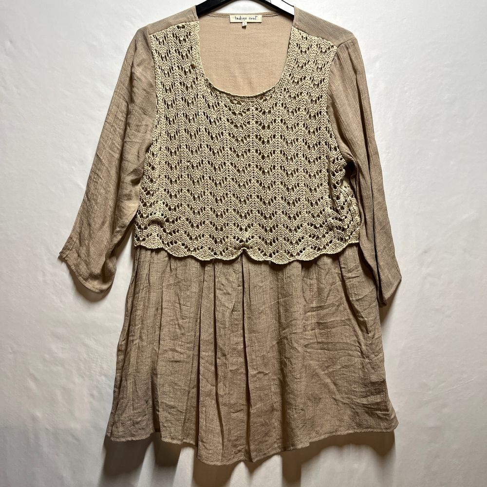 Indigo Soul Boho Crochet Overlay Linen Blend Tunic Dress‎ Women Small Neutral